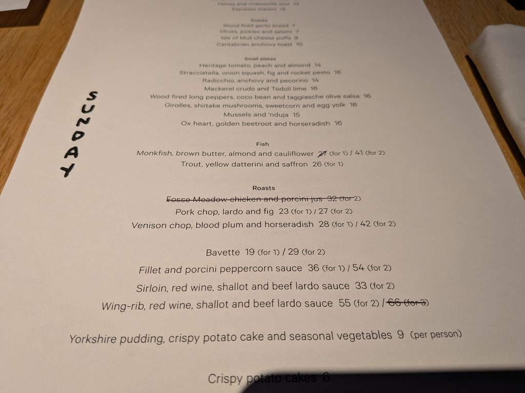 Sunday roast menu